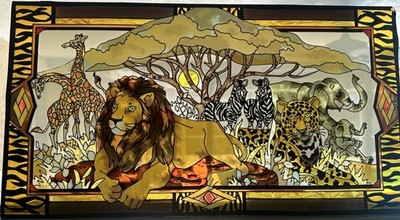 Vtg Stained Glass Sun Catcher Safari Scene Joan Baker Large 19x10 Lion Giraffe