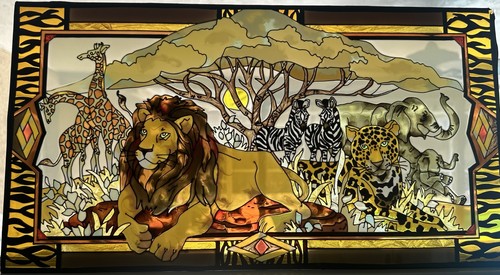 Vtg Stained Glass Sun Catcher Safari Scene Joan Baker Large 19x10 Lion Giraffe