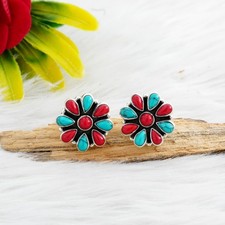 Sterling Silver Natural Turquoise  Coral Stud Earrings - Women Jewelry Handmade
