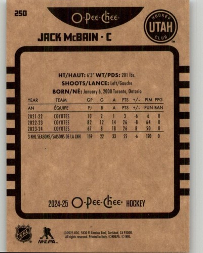 2024-25 O-Pee-Chee Jack McBain Pee-Chee - Retro #250 Utah Hockey Club - Picture 2 of 2