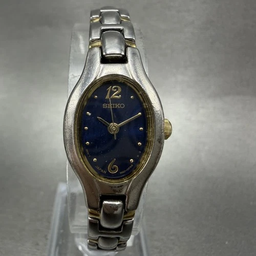 Seiko Watch Women 16mm Blue Dial Two Tone Oval VTG 1N01-0CT0 New Battery