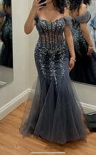 Jovani Gray Silver Sequin Formal Evening Gown Off Shoulder