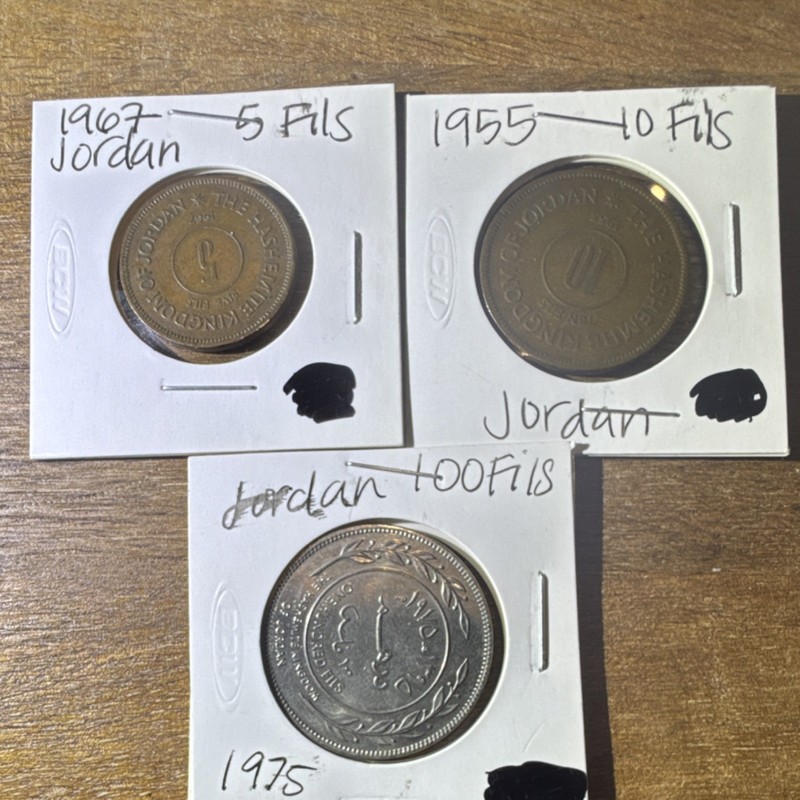 Hashemite Kingdom Jordan 5, 10, 100 Fils Coins 1955 1967 1975 Brown Silver color
