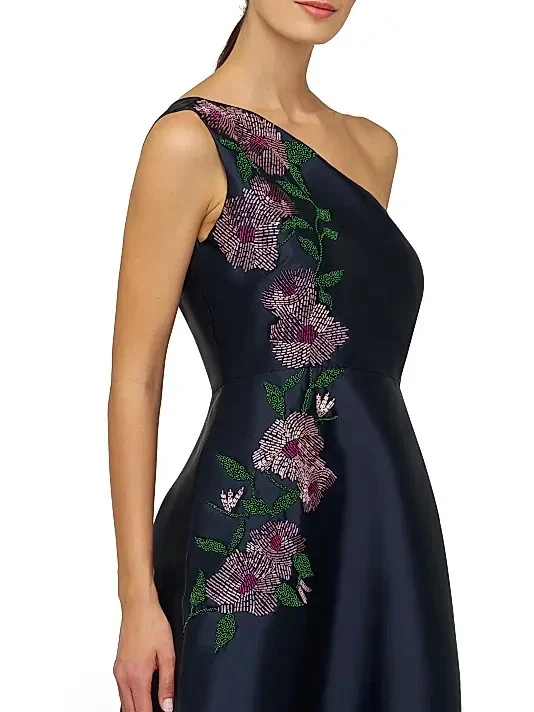 Vestido Kay Unger Azul Oscuro Medianoche Giada Floral Cuentas Un Hombro Talla 12 $398 Foto 4 de 4