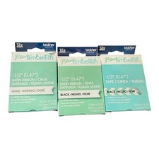 Brother P-Touch Embellish TZe 1/2" 0.47" Satin Ribbon Lot of 3-Black Gold NEW