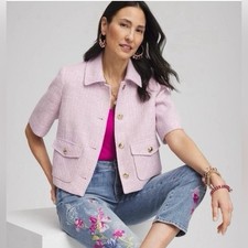 Chico's Short-Sleeved Tweed Jacket in lilac with gold decorative buttons Size 0