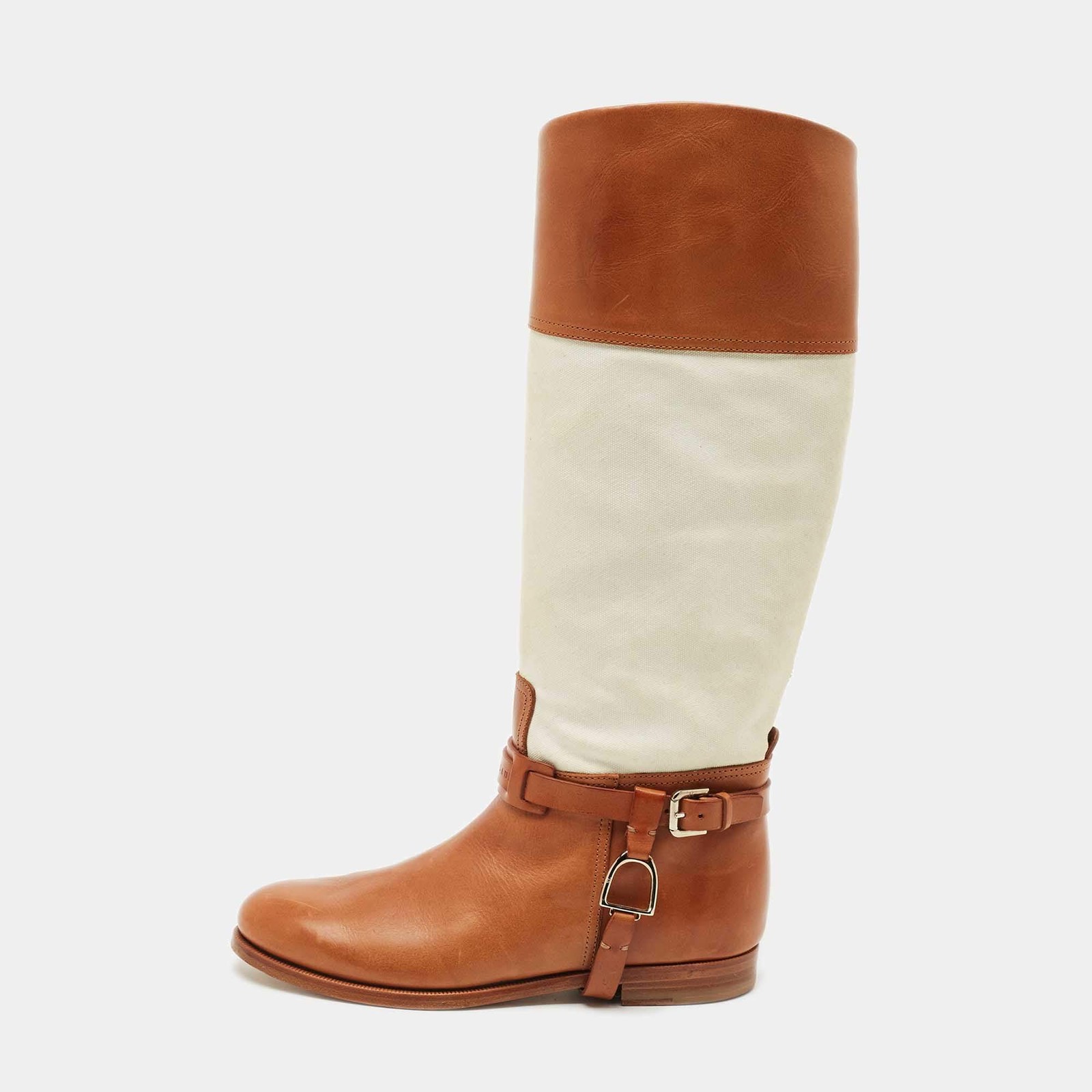 Ralph Lauren Collection TanWhite Canvas and Leather Riding Knee Length Boots