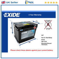 Car Battery EA640 Exide 027 640A 64Ah 4Yr Warranty 242x175x190 Premium