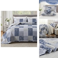 Cozyholy Navy Blue Gray Oversized King Quilt Set 128X120 3 Piece Quilted Set