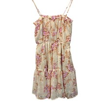 Liberty Love Floral Mini Dress Small Beige Purple Ruffle Tiered Spaghetti Strap
