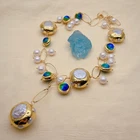 Cultured White Keshi Pearl Blue Murano Glass Statement Necklace 21"