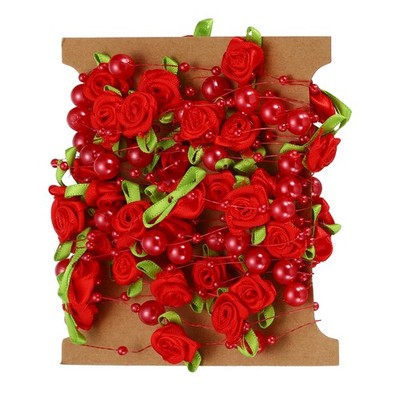 16.4 Feet Artificial Rose Pearl String Beads Garland Red