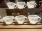 (6) vintage Fire King Milk Glass Teacups "Bonnie Blue Flower" or "Boutonniere"