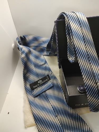 Paul Dione 100% Silk Pattern Necktie Black & Blue Stripes Cuff Link Gift Set Box - Picture 8 of 15