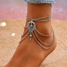 1pc Bohemian Vintage Silver Plated Layered Chains Anklet with Turquoise