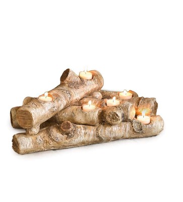 Faux Wood Resin Logs Tea Lights Candle Holder, Birch
