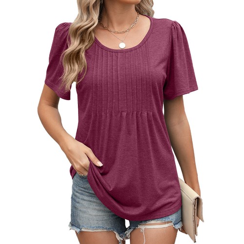 Ladies Shirts Blouse Summer Short Sleeve Pleated Loose Tunic Tops Tee Size 8-20 - Picture 32 of 39