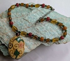 Vintage Hand Painted Shell Pendant W/ Green Brown Glass Bead 17" Necklace