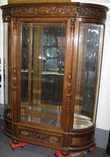 VICTORIAN BEVELED GLASS CARVED OAK CHINA CABINET, ATTR. R.J. HORNER