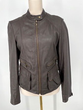Ideology Womens Genuine 100% Leather Jacket M Dark Brown Zip Pockets Mock-neck
