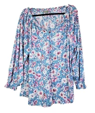 Style & Co Womens Top XL Peasant Boho Floral Bohemian Blue Long Sleeve Smocked