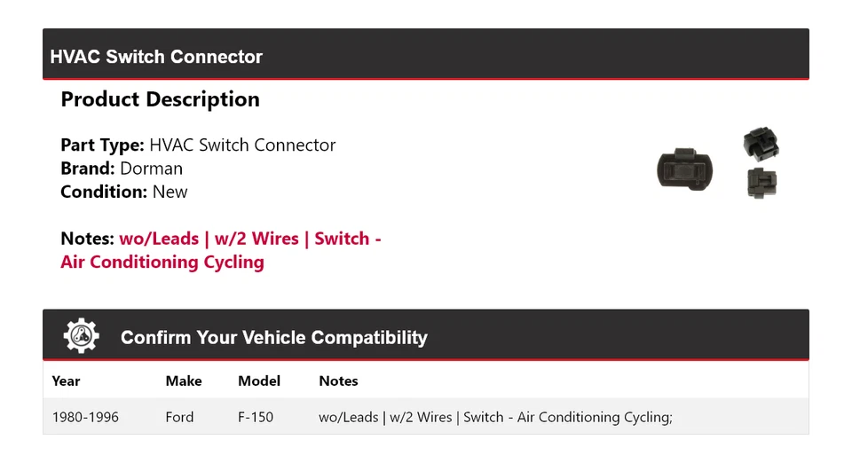 Conector interruptor HVAC para Ford F-150 Dorman 1980-1996 1981 1982 1983 1984 1985 Foto 2 de 4