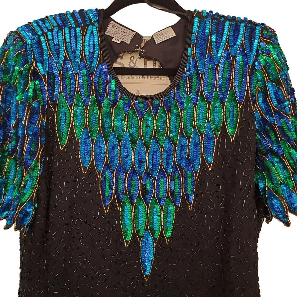 Vestido de cóctel vintage años 80 Stenay seda con cuentas pavo real para mujer 10 Foto 4 de 4