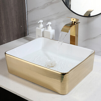 Square Ceramic Basin Bowl Vanity Vessel Sink & Gold Mixer Faucet Deck Mounted
