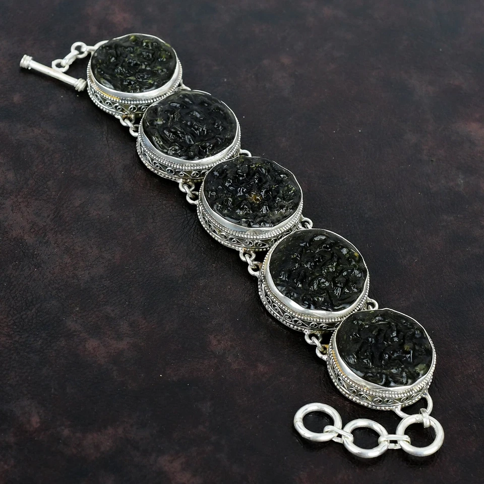 Natural Moldavite Vintage Chain Artisan Sisters Gift Bracelet Sterling Silver - Image 3 of 4