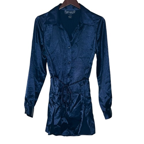 Susan Graver Hammered Satin Top Size M Button Up Long Sleeve Collar Side Slits - Picture 2 of 8