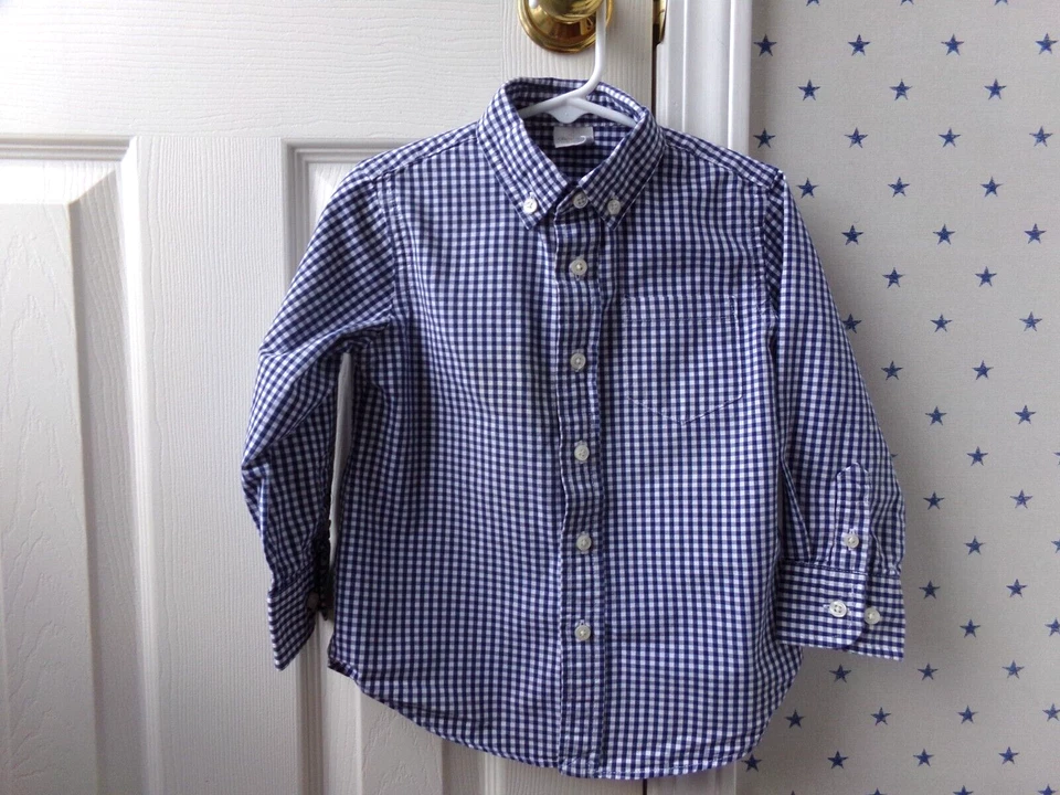 Camisa social FLAW masculina CREWCUTS 3T JCrew L/S azul botão para cima xadrez Gingham tamanho 3 - Imagem 2 de 4