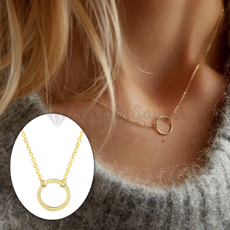 Elegant Round Hollow Circle Ring Pendant Gold Polished Clavicle Charm Necklace