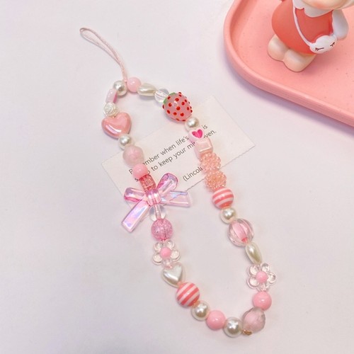 Pendentif nœud papillon coeur fraise perles chaîne téléphone sangles pour clés sac à main - Photo 6/8