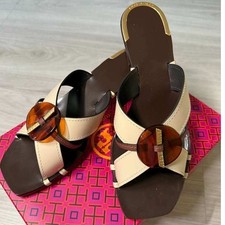 Tory Burch Heeled Mule Sandals Womens 10.5 New Cream Brown Leather Block Heel