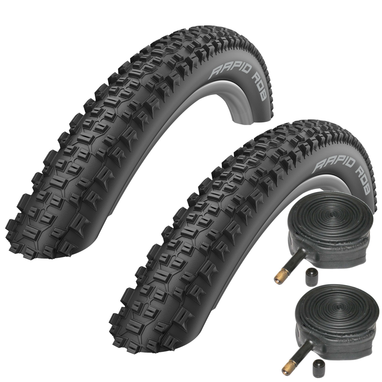 26"" Bike Tyre 2X Schwalbe Rapid Rob 26""x2.25 Guard & Schrader Inner Tubes