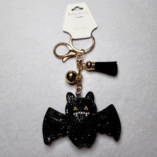 Black Bat Large Rhinestone Covered Puffy Keychain Or Bag Charm W Tassel