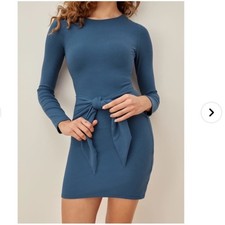 Reformation Kirsten long sleeve ribbed dress tie waist ocean teal xs