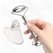 Strumento Massaggio Viso Beauty GuaSha Set Rullo Viso Acciaio Inox Raschietto