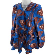 PrettyLittleThing Blue Brown Retro Marble Swirl Peplum Dress Womens Size 6 NWT