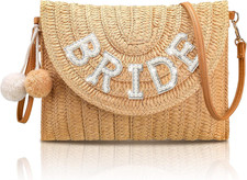 Pinkunn Bride Gift Straw Shoulder Bag Clutch Rhinestone Letter Purse Beach Bache