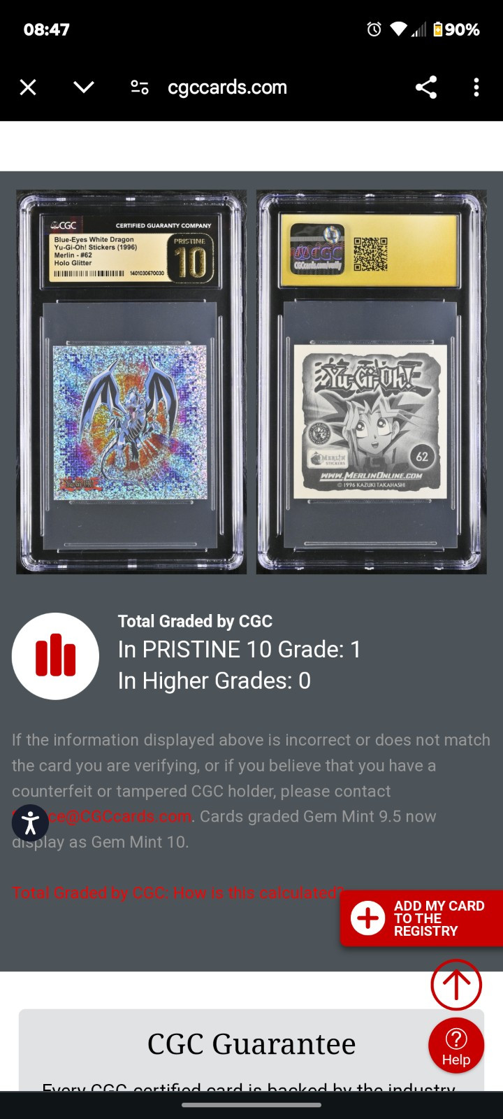 CGC Pristine 10 Blue-Eyes White Dragon #62 Merlin Holo Glitter 1996 Yugioh Rare