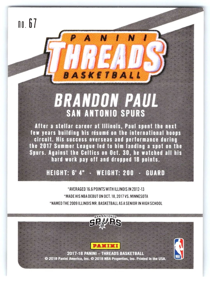 2017-18 Panini Threads - Brandon Paul #67 (RC) - Image 2 of 2