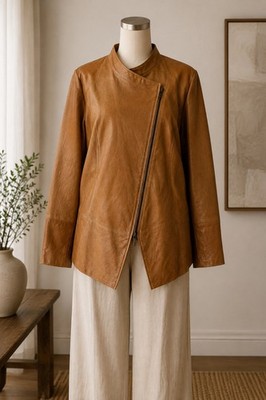 Lafayette 148 Genuine Leather Cognac Asymmetrical Jacket Size 18