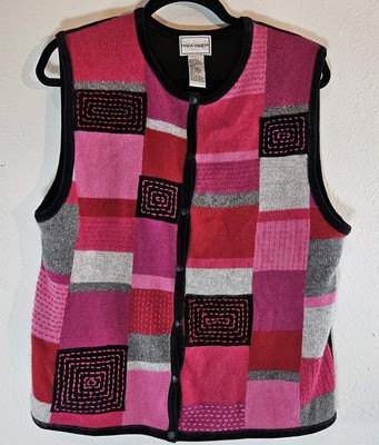 VTG Women Angora Blend Sweater Vest  Sz M Zip Front Patchwork Casual Chic Granny