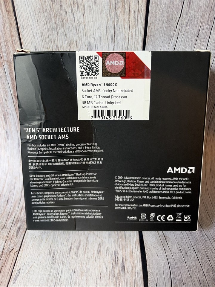 Zen Processor AMD Ryzen 5 9600X Processor (Zen 5) 6-Core 3.9GHz AM5 65W Desktop CPU ...