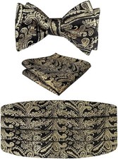 Mens Paisley Cummerbund and UNTIED Bow Tie with Hanky Set Black Gold 