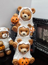 Halloween Teddy Bear Ghost Trio Figurine Pumpkin Pail Tabletop Decor 15.5"