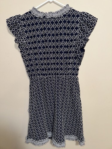 Express Navy & White Cotton Blue & White Eyelet Lace Faux Wrap Dress Sz Med - Picture 7 of 11
