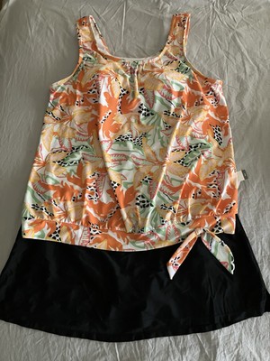 Time Tru Black Skirted Swimsuit Bottom XL & Orange Green Scoop Neck Top 1XL 2pc
