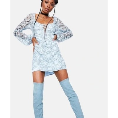 For Love & Lemons Clara Dress Blue Shimmer S Womens Sheer Lace Coquette NWT